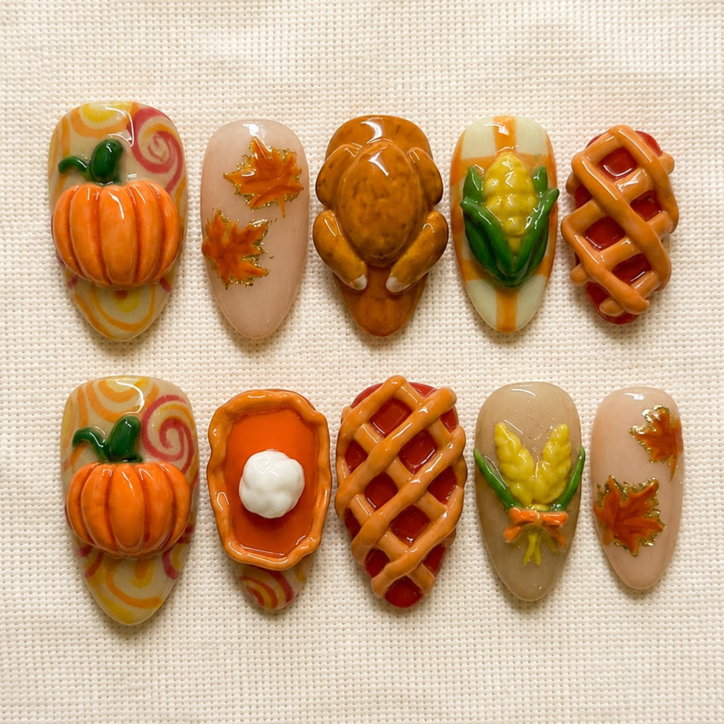 Autumn Pumpkin Press On Nails, 3D Turkey Thanksgiving Harvest Nails