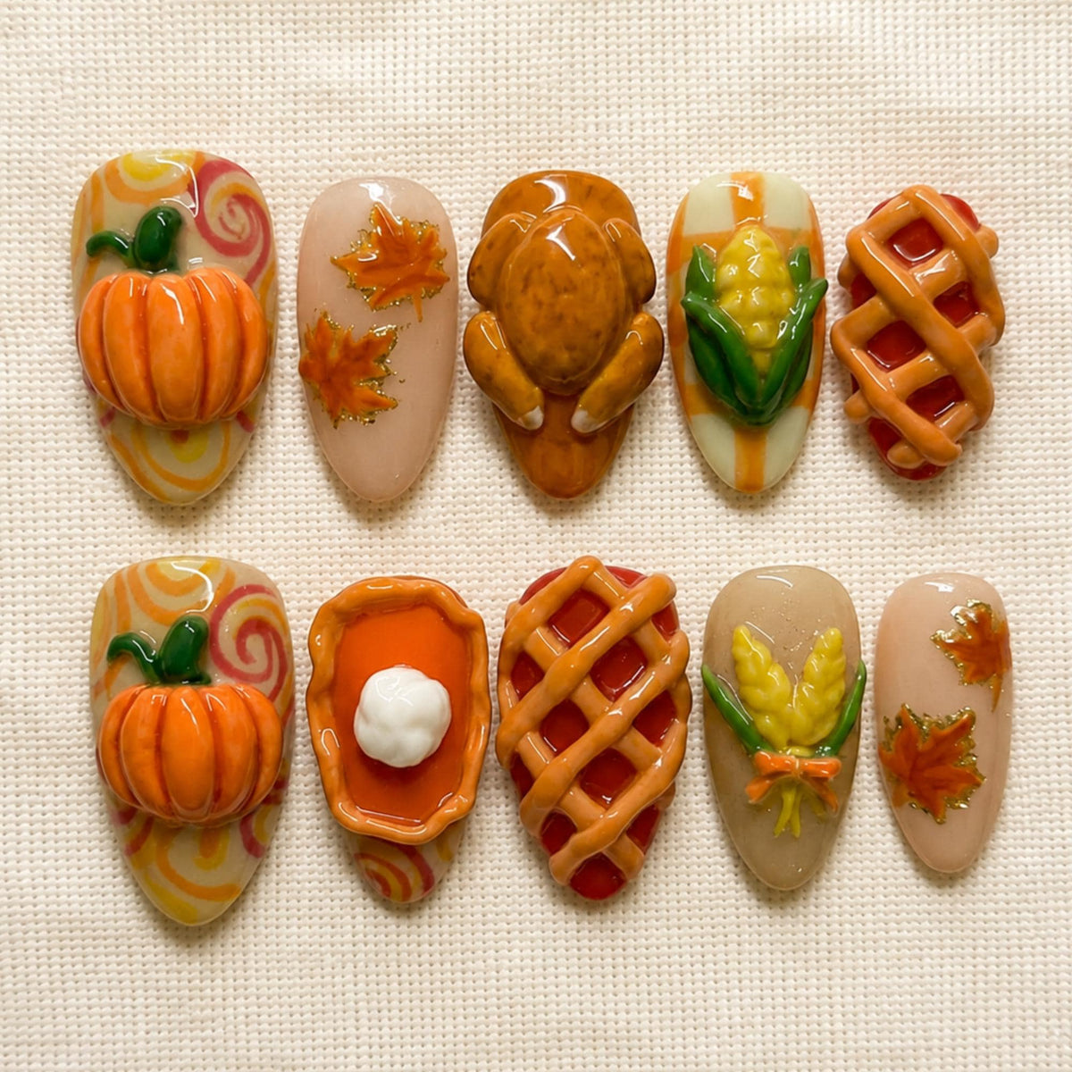 Autumn Pumpkin Press On Nails, 3D Turkey Thanksgiving Harvest Nails