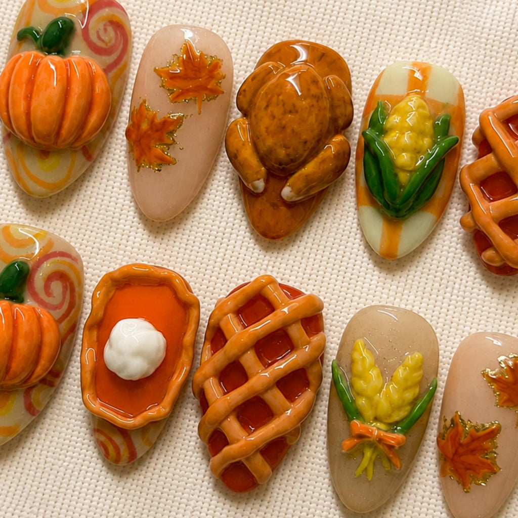 Autumn Pumpkin Press On Nails, 3D Turkey Thanksgiving Harvest Nails
