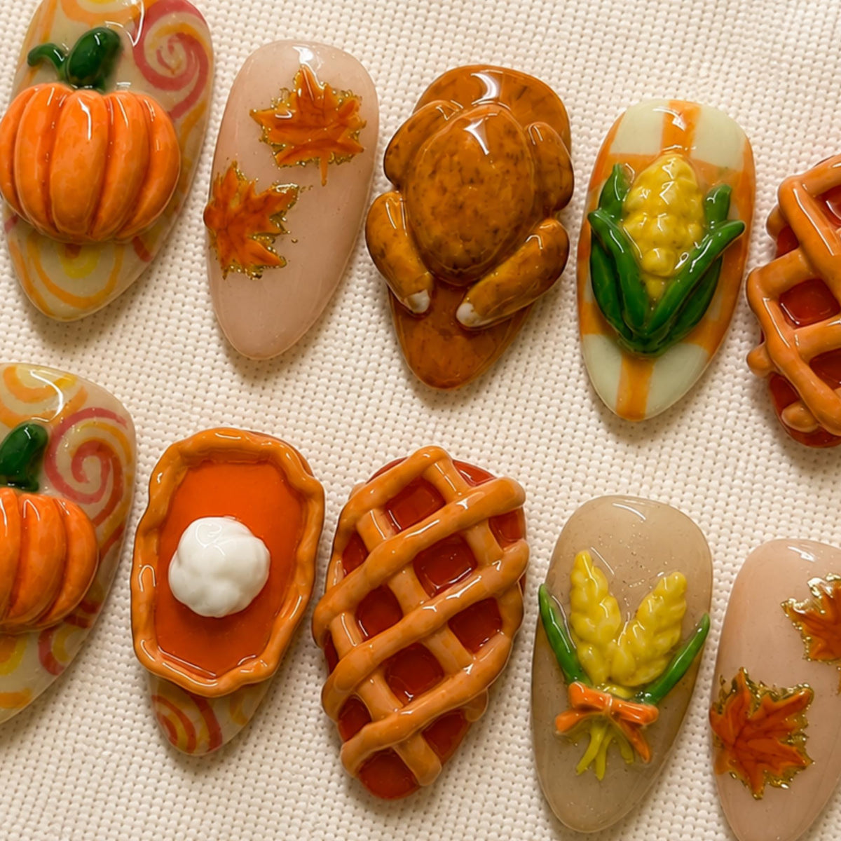 Autumn Pumpkin Press On Nails, 3D Turkey Thanksgiving Harvest Nails