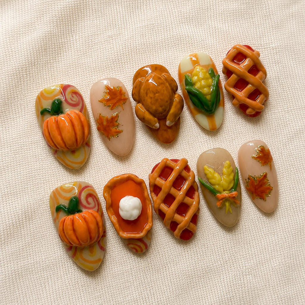 Autumn Pumpkin Press On Nails, 3D Turkey Thanksgiving Harvest Nails