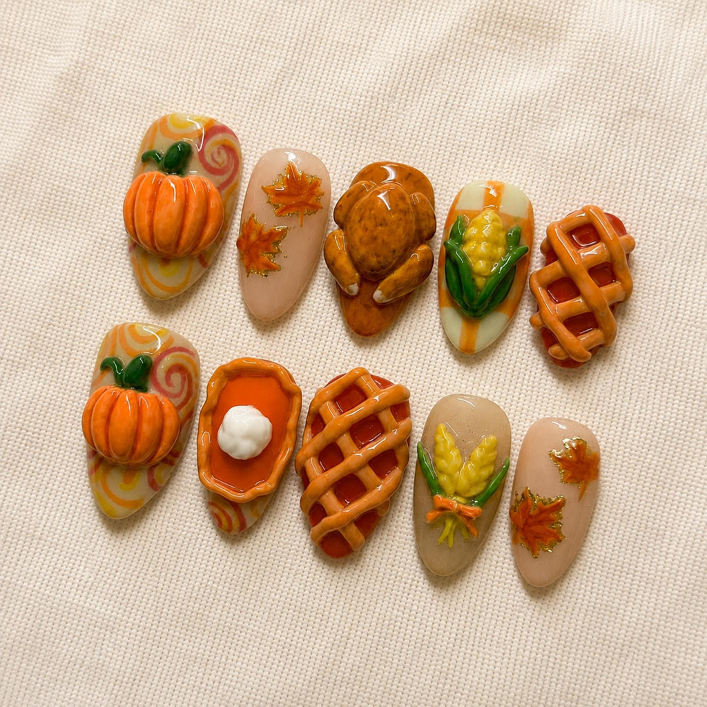 Autumn Pumpkin Press On Nails, 3D Turkey Thanksgiving Harvest Nails