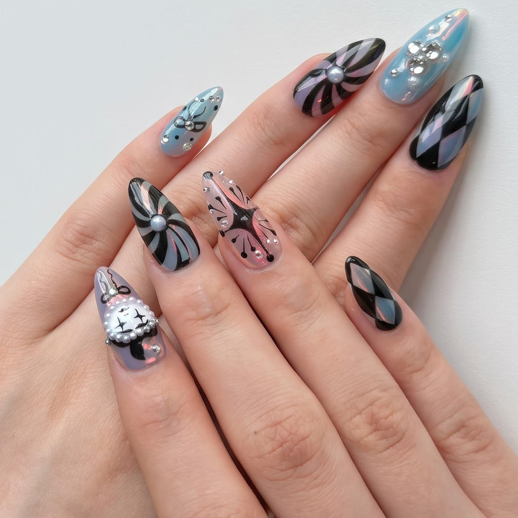 Clown Press On Nails with Vintage Clock, Harlequin Fake Nails in AlmondShape, Handmade Gothic Nail Art for Halloween, Party, Cosplay JB480UC