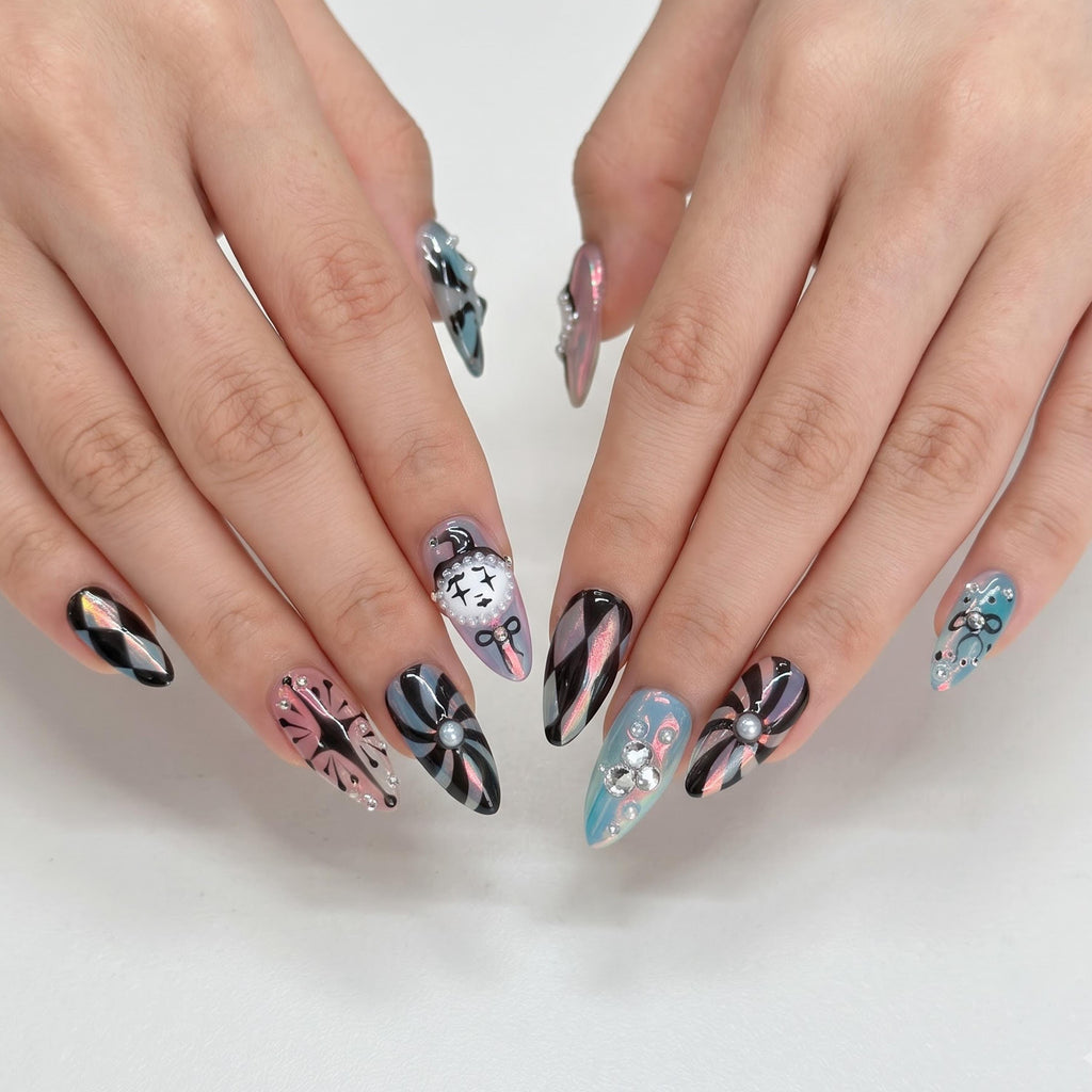 Clown Press On Nails with Vintage Clock, Harlequin Fake Nails in AlmondShape, Handmade Gothic Nail Art for Halloween, Party, Cosplay JB480UC