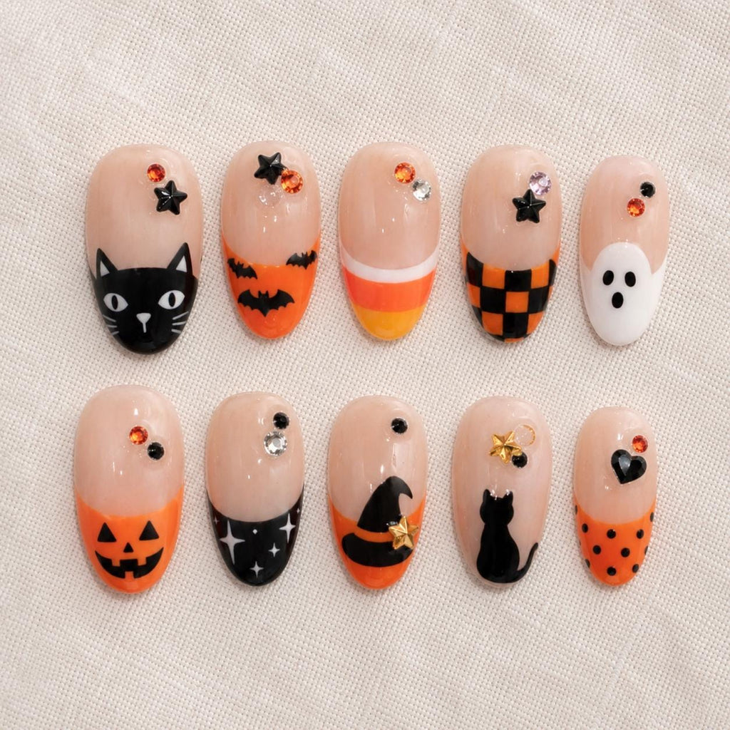 Spooky Halloween Press On Nails, Cute Ghost Black Cat Nails, Handmade Holiday Nail Art