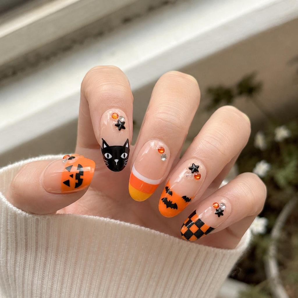 Spooky Halloween Press On Nails, Cute Ghost Black Cat Nails, Handmade Holiday Nail Art