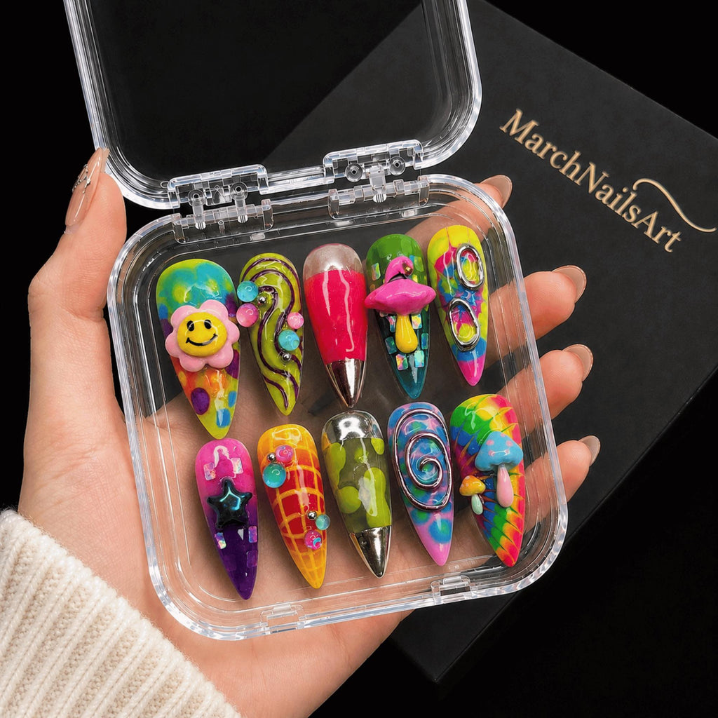 3D Colorful Funky Press On Nails, Y2K Maximalist Nail Set, Handmade Trippy Nails