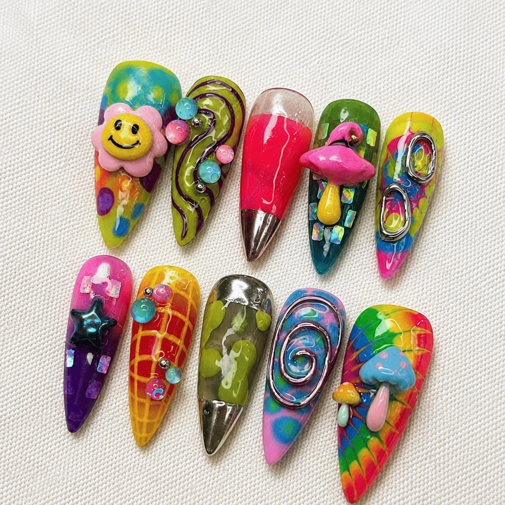 3D Colorful Funky Press On Nails, Y2K Maximalist Nail Set, Handmade Trippy Nails