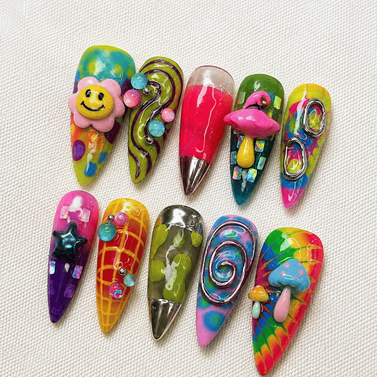 3D Colorful Funky Press On Nails, Y2K Maximalist Nail Set, Handmade Trippy Nails