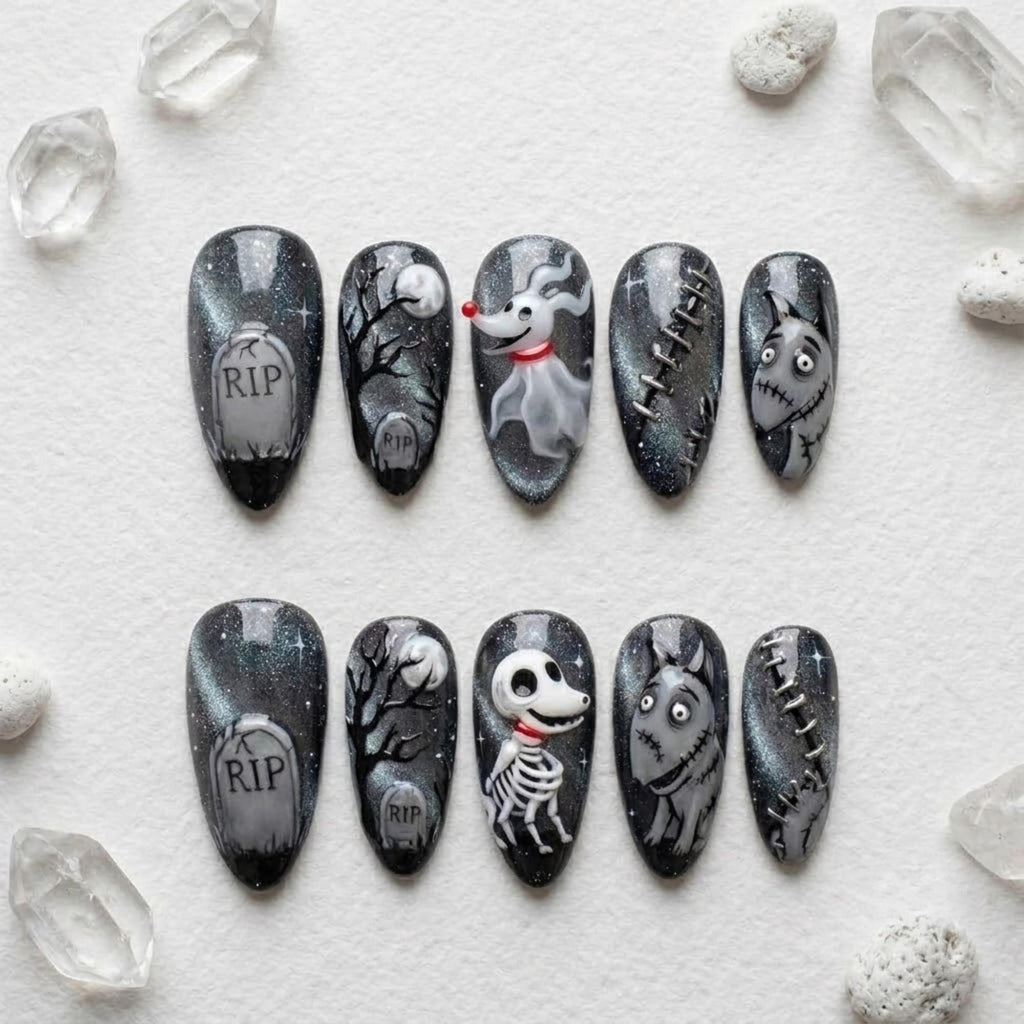 Spooky Ghost Dog Press On Nails | Gothic Halloween Nails | Dark Gothic Almond Nails | RIP Tombstone Art Nail | 3D Character Art Nail