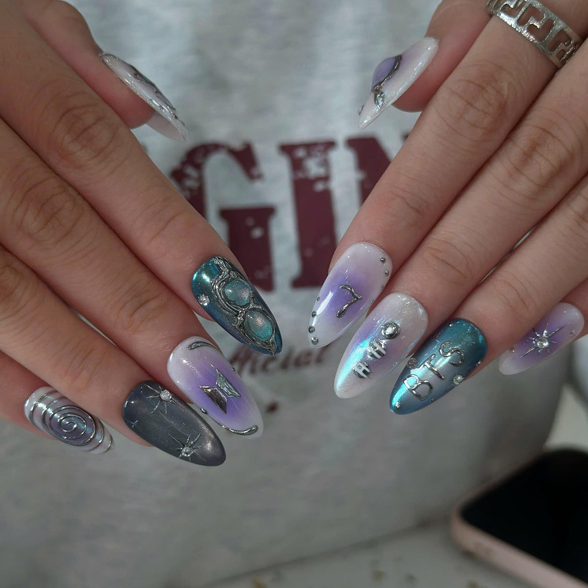 Kpop Press On Nails with Purple Aura & Silver Charms | 7 Member Inspired Chrome Nails | Korean Pop Concert Nails for Fan Gift | JB495UC
