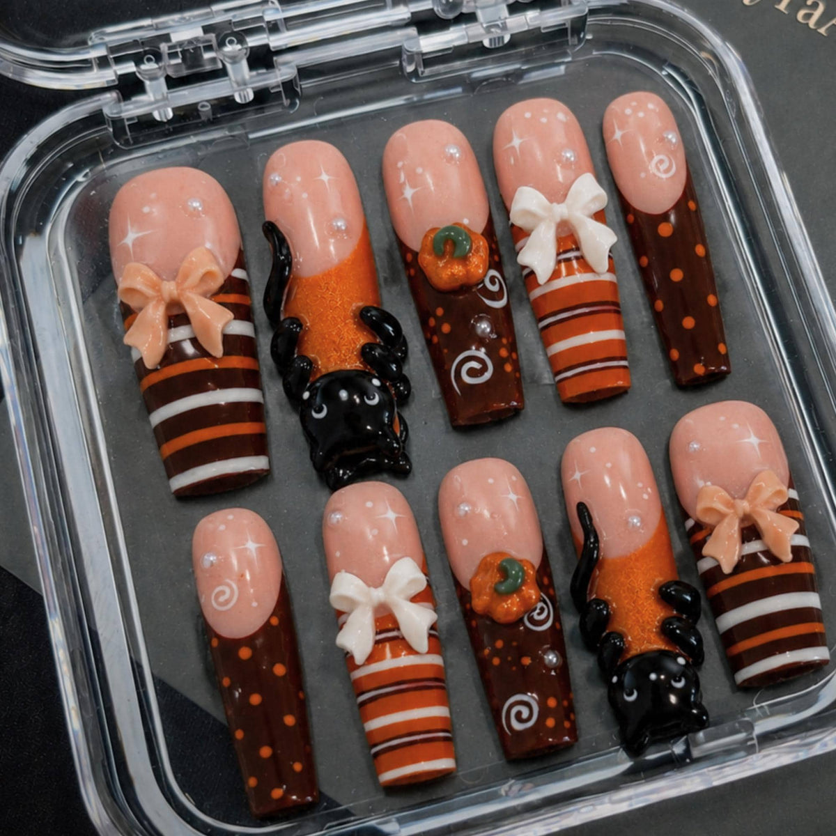 Kawaii Fall Press On Nails, 3D Black Cat Pumpkin Nails, Cute Autumn Nail Set