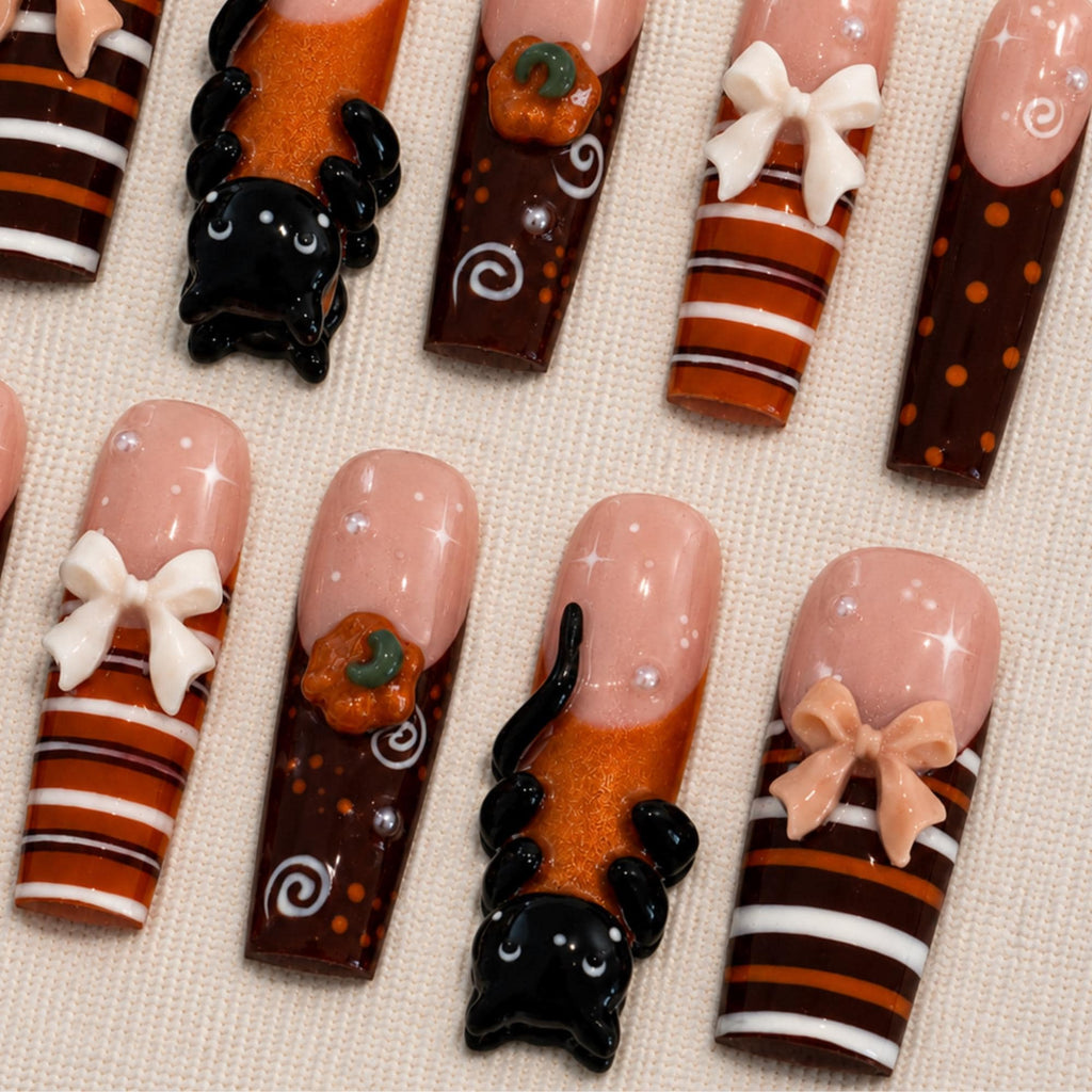 Kawaii Fall Press On Nails, 3D Black Cat Pumpkin Nails, Cute Autumn Nail Set