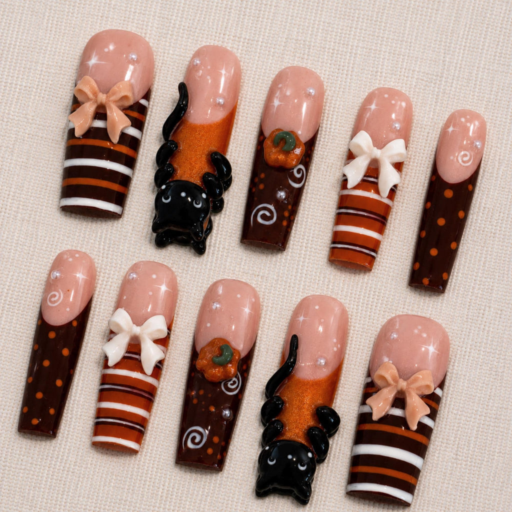 Kawaii Fall Press On Nails, 3D Black Cat Pumpkin Nails, Cute Autumn Nail Set