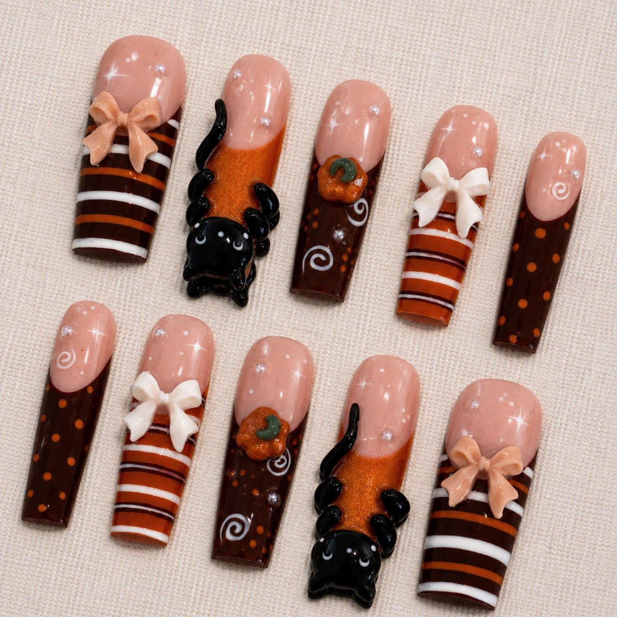 Kawaii Fall Press On Nails, 3D Black Cat Pumpkin Nails, Cute Autumn Nail Set
