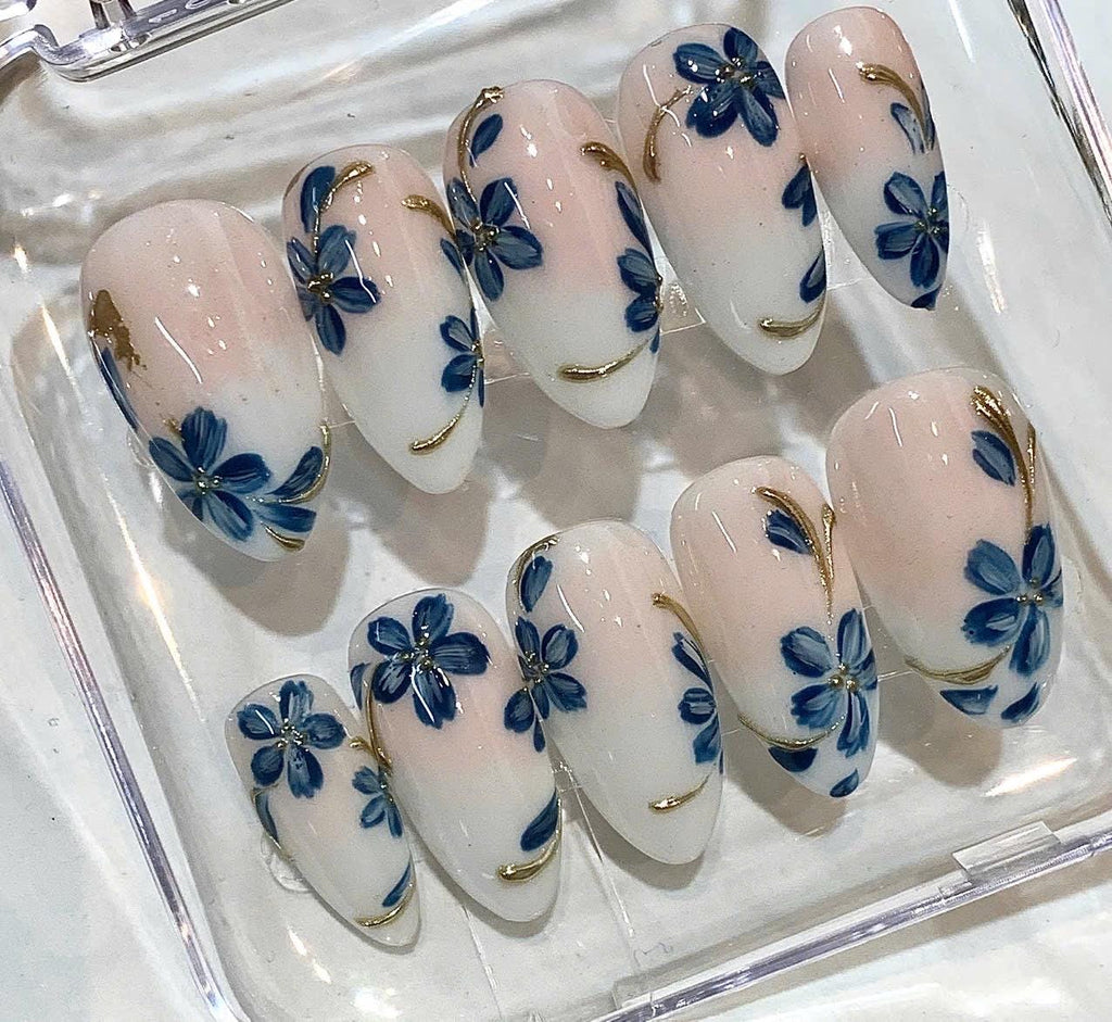 Blue Floral Almond Press On Nails, Pearly White Flower Accent, Elegant Bridal False Nails