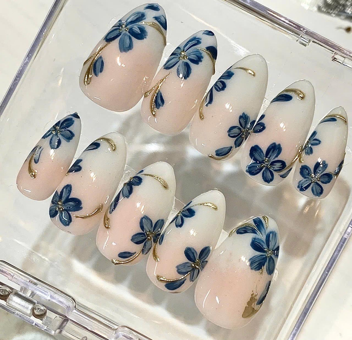 Blue Floral Almond Press On Nails, Pearly White Flower Accent, Elegant Bridal False Nails