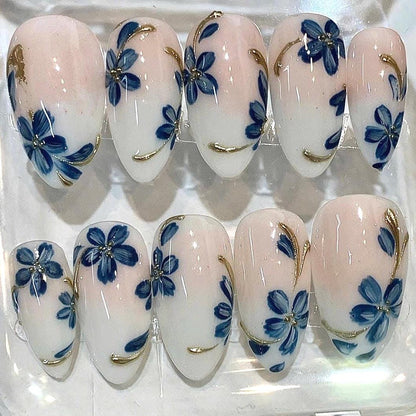 Blue Floral Almond Press On Nails, Pearly White Flower Accent, Elegant Bridal False Nails