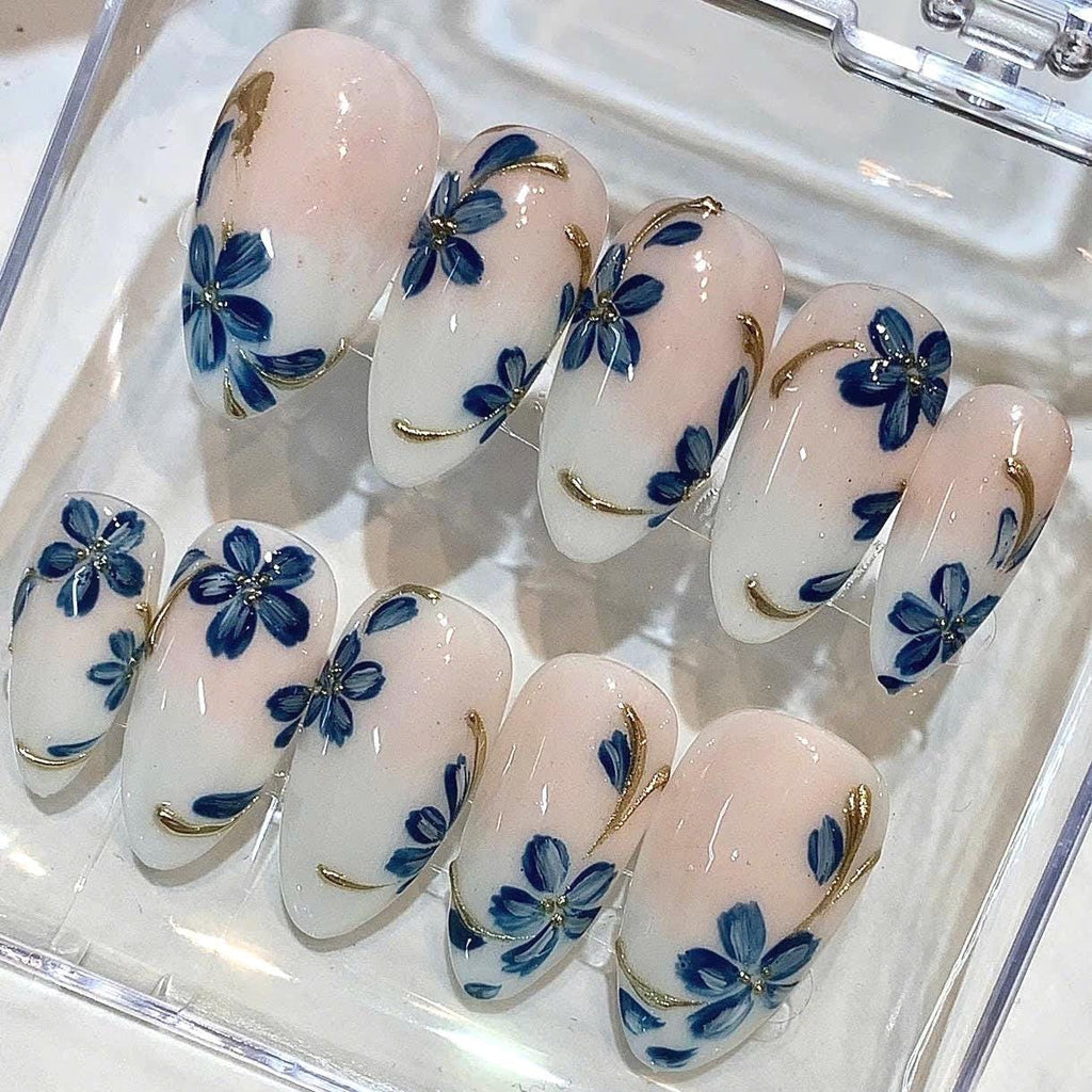 Blue Floral Almond Press On Nails, Pearly White Flower Accent, Elegant Bridal False Nails