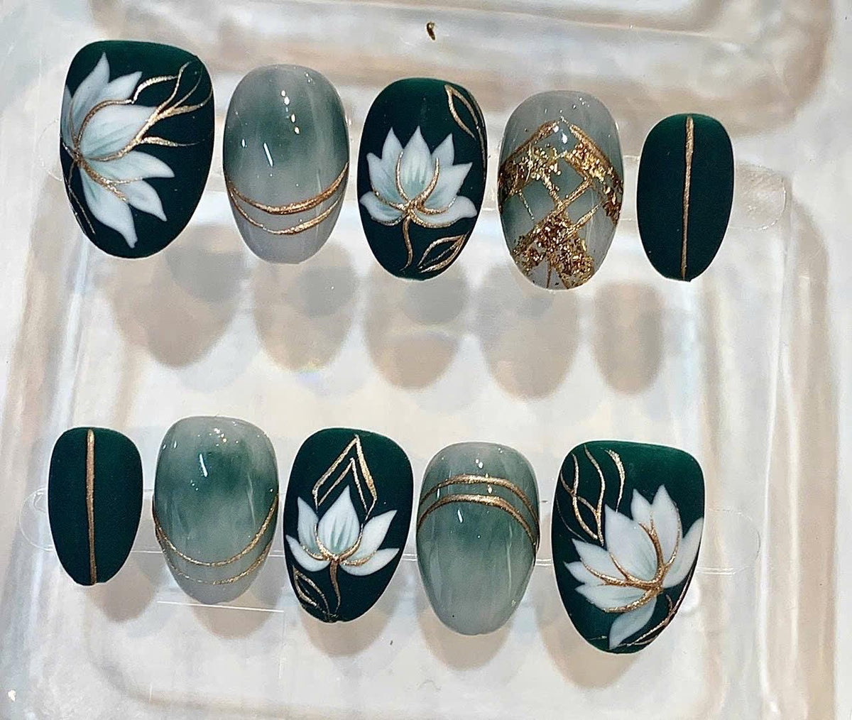 Emerald Green Lotus Press-On Nails, White Floral Gold Foil Set (Handmade)