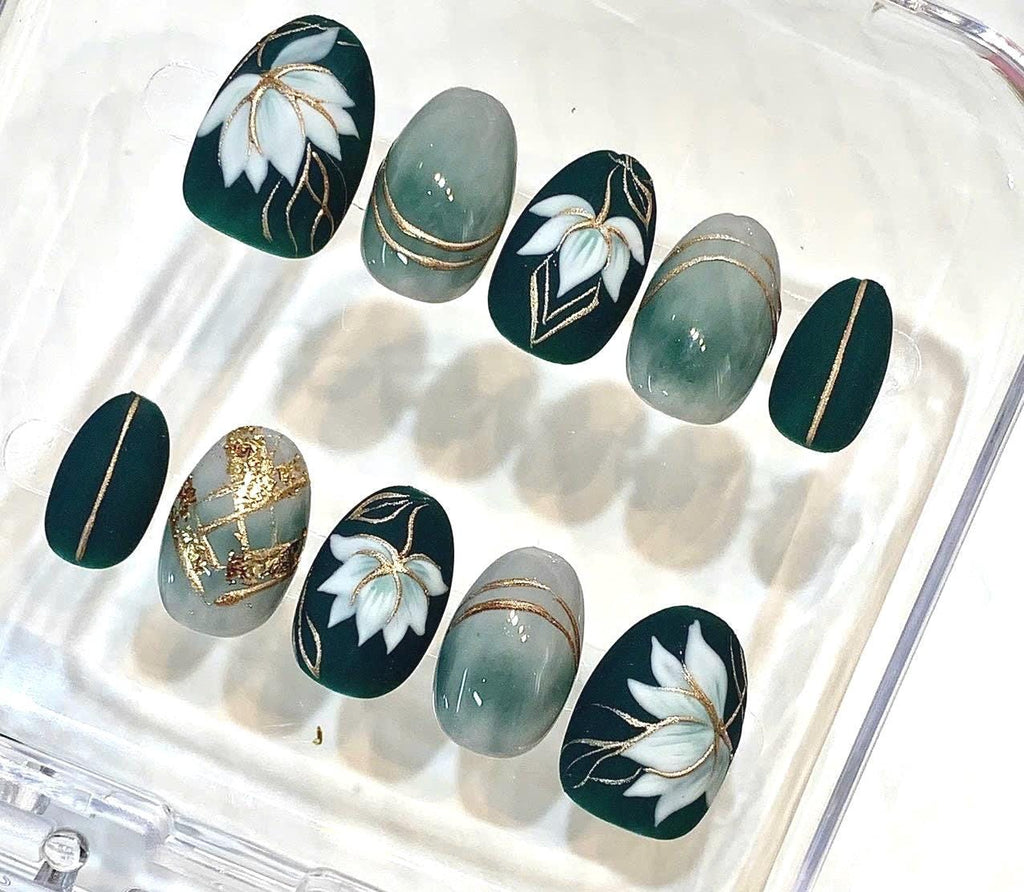 Emerald Green Lotus Press-On Nails, White Floral Gold Foil Set (Handmade)