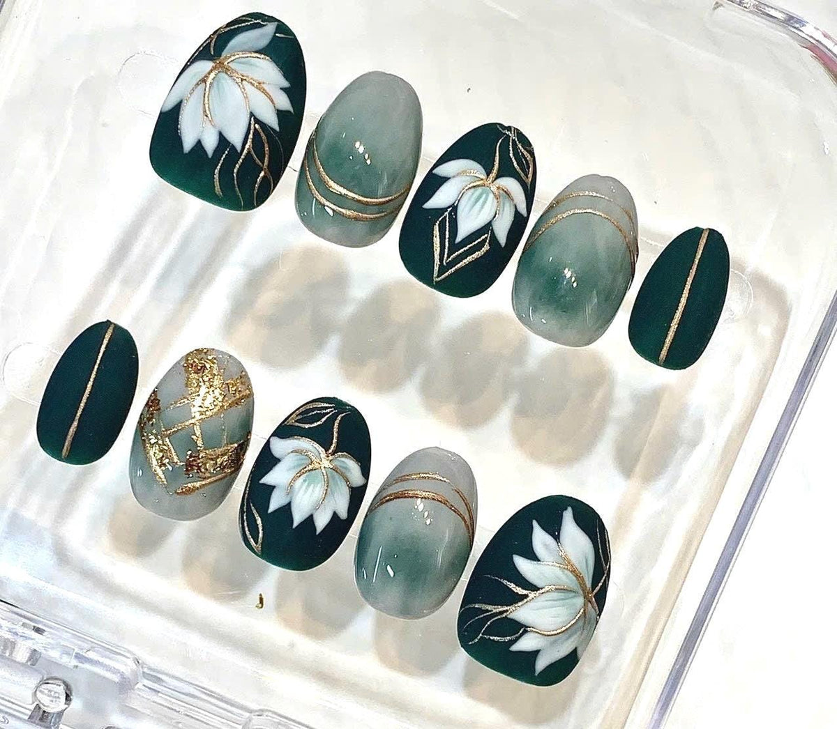 Emerald Green Lotus Press-On Nails, White Floral Gold Foil Set (Handmade)