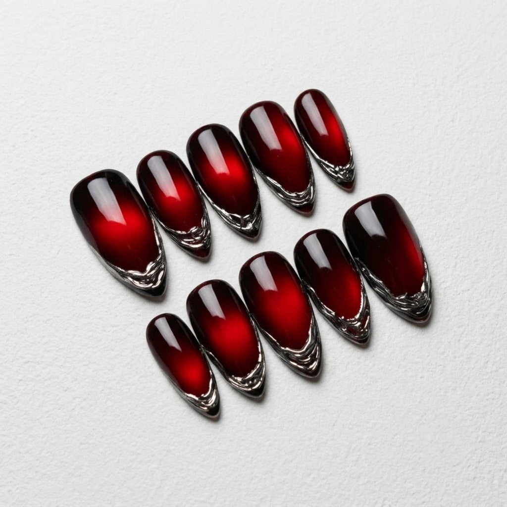 Dark Gothic Red Press On Nails | Vampire Blood Dark Magic | Edgy Ombre Almond Nail | Silver Chrome Border Nail | 3D Liquid Metal Art Nail
