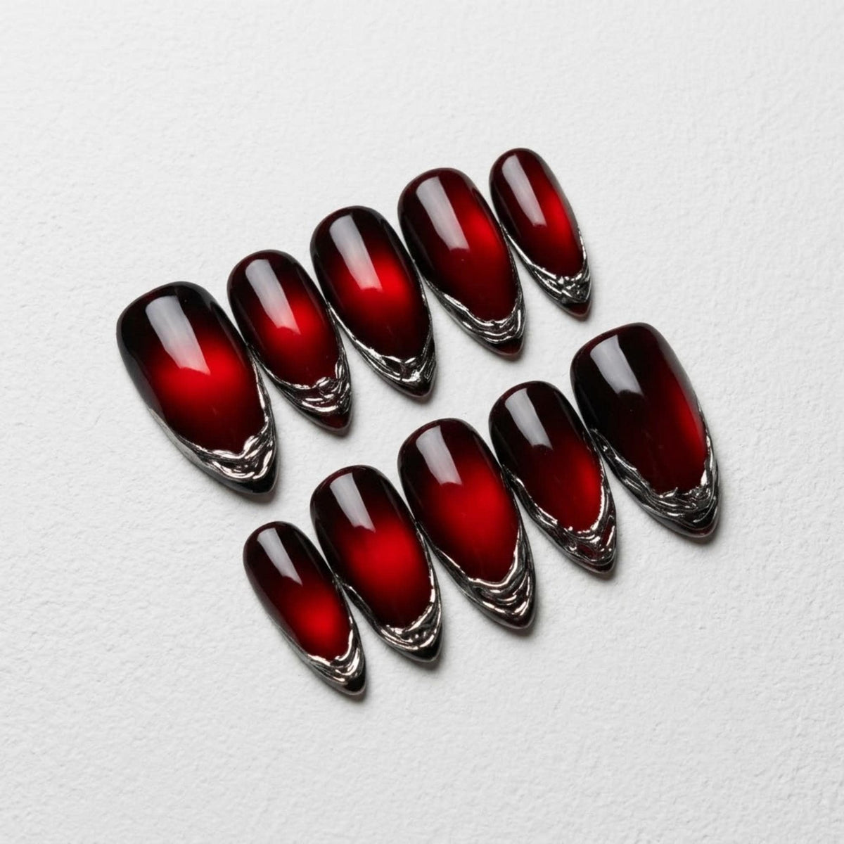 Dark Gothic Red Press On Nails | Vampire Blood Dark Magic | Edgy Ombre Almond Nail | Silver Chrome Border Nail | 3D Liquid Metal Art Nail