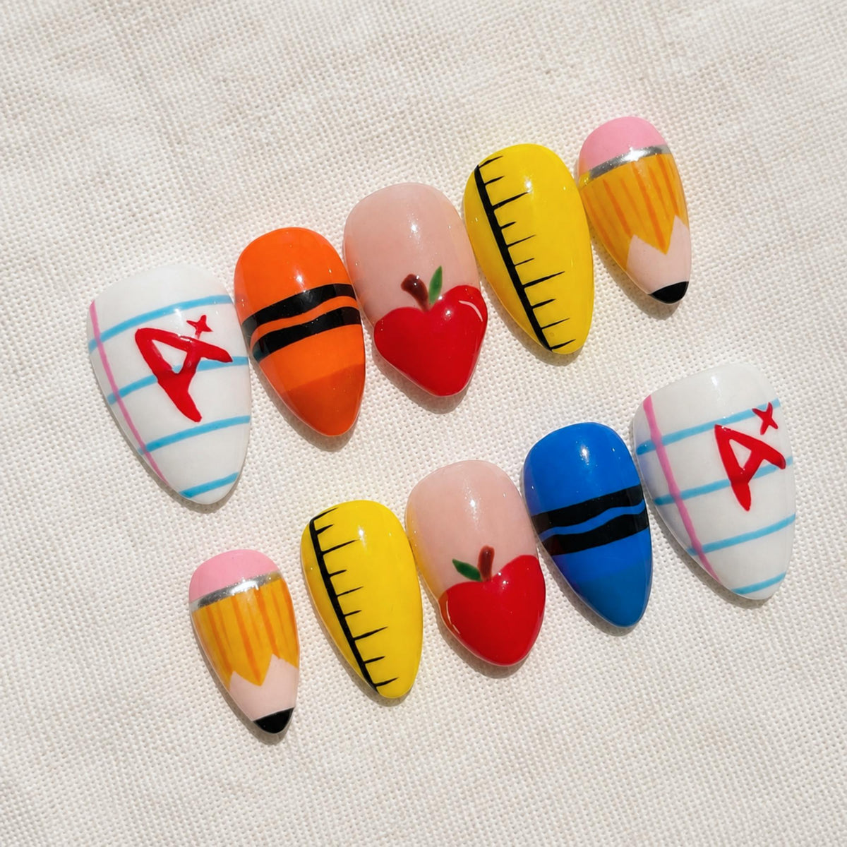 Back to School Press On Nails, 3D Teacher Apple Pencil Ruler Notebook Nails
