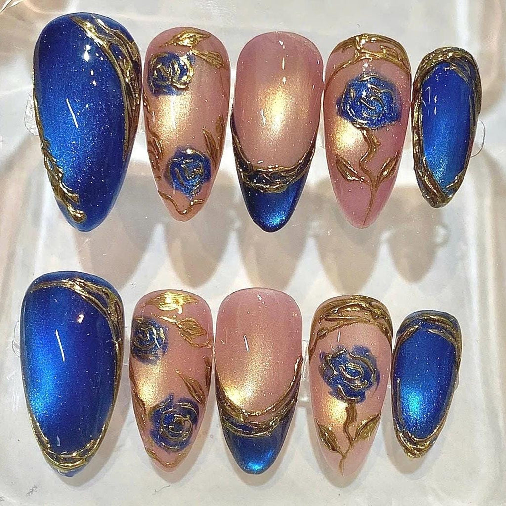 Blue Gold Press On Nails, Royal Blue Floral Nails, Luxury Gold Leaf Fake Nails, Handmade Nude Almond Nail Set