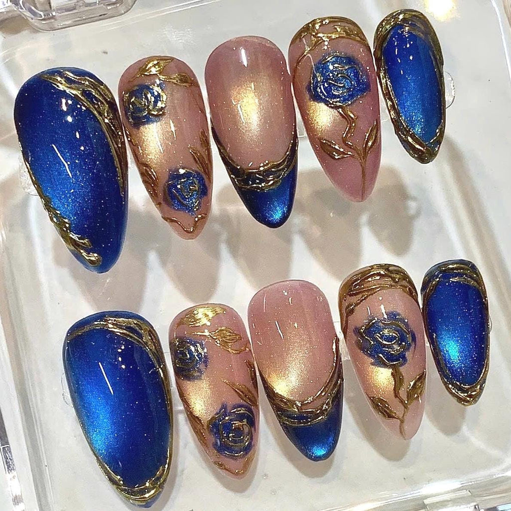 Blue Gold Press On Nails, Royal Blue Floral Nails, Luxury Gold Leaf Fake Nails, Handmade Nude Almond Nail Set