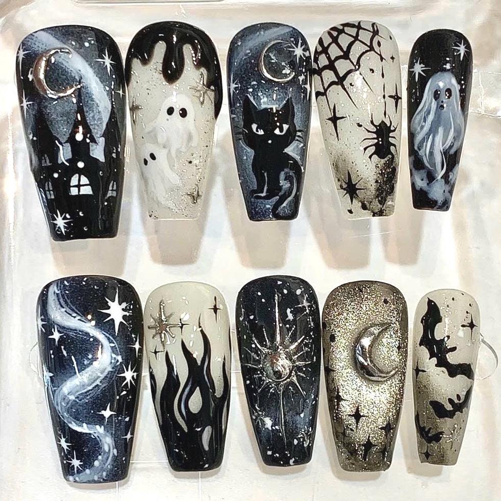 Gothic Halloween Press On Nails, Black Cat Ghost Spooky Moon Stars (Coffin Set)