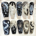 Gothic Halloween Press On Nails, Black Cat Ghost Spooky Moon Stars (Coffin Set)