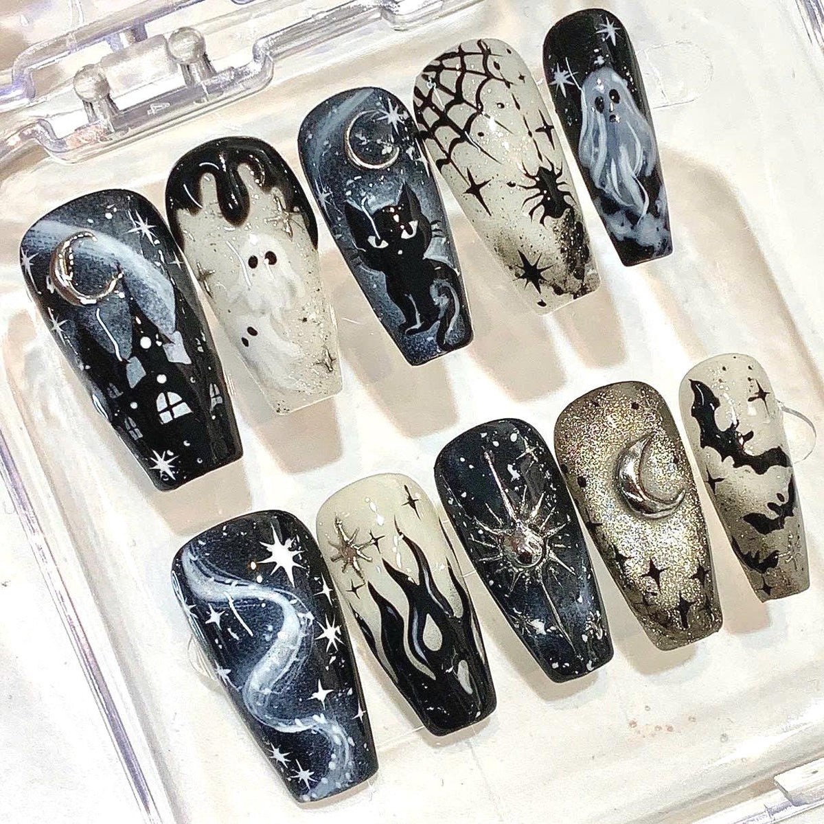 Gothic Halloween Press On Nails, Black Cat Ghost Spooky Moon Stars (Coffin Set)