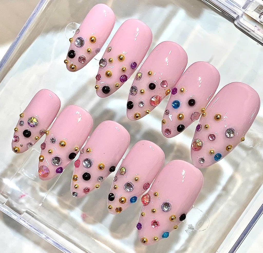 Pink Rhinestone Press-On Nails, Y2K Bling Almond Set