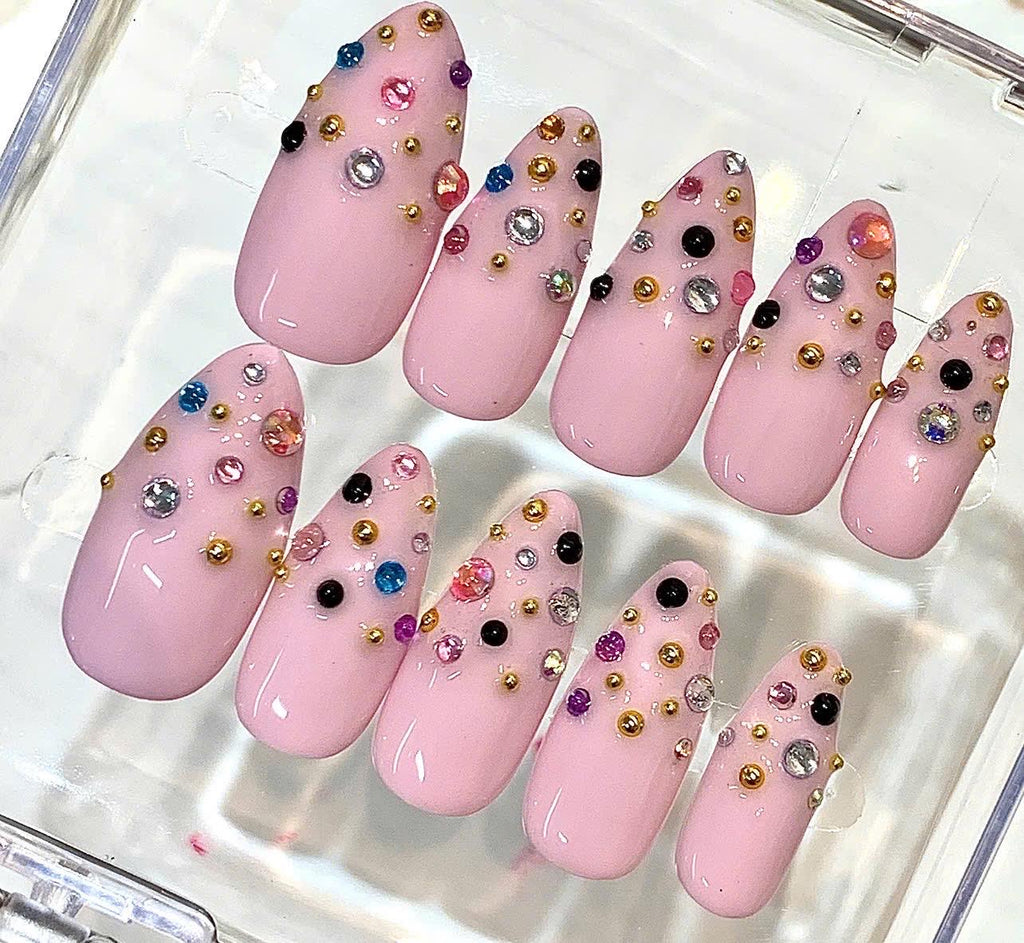 Pink Rhinestone Press-On Nails, Y2K Bling Almond Set