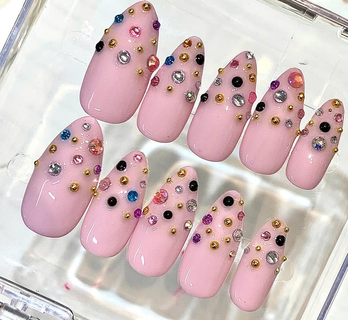 Pink Rhinestone Press-On Nails, Y2K Bling Almond Set
