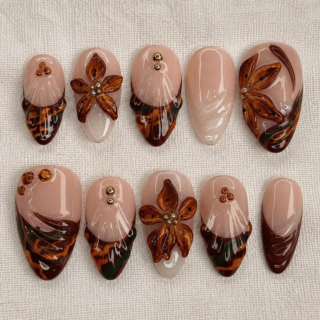 Amber Fall Press On Nails, Tortoise Shell Nails, 3D Flower Handmade Nails, Brown Fake Nail Set