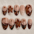 Amber Fall Press On Nails, Tortoise Shell Nails, 3D Flower Handmade Nails, Brown Fake Nail Set