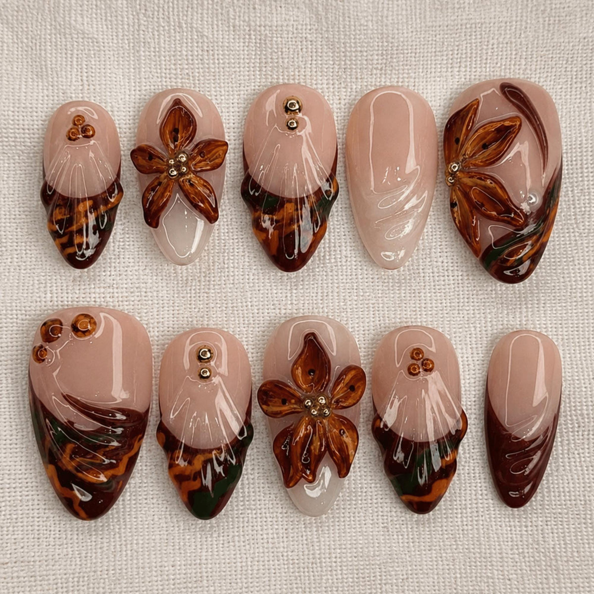 Amber Fall Press On Nails, Tortoise Shell Nails, 3D Flower Handmade Nails, Brown Fake Nail Set