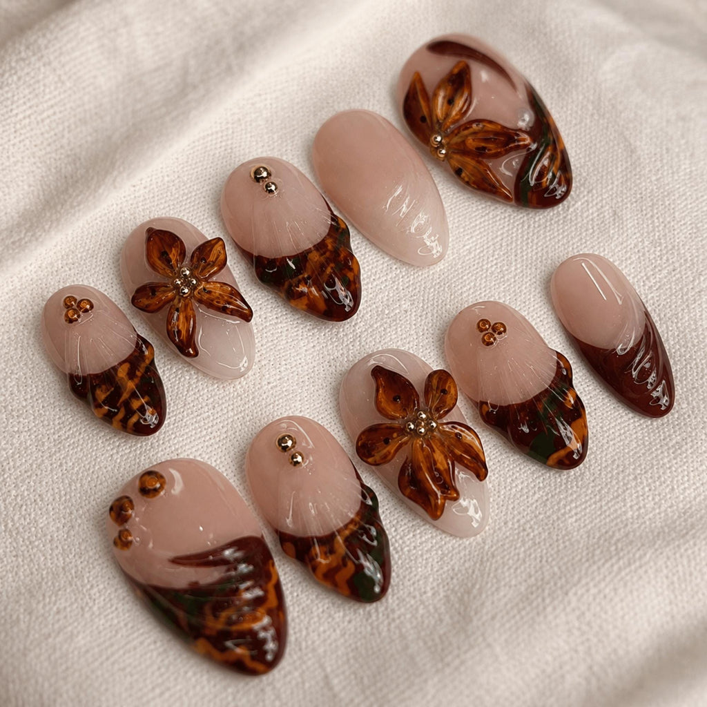 Amber Fall Press On Nails, Tortoise Shell Nails, 3D Flower Handmade Nails, Brown Fake Nail Set