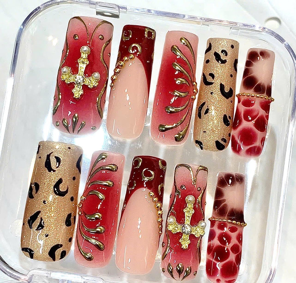 Red Gold Gothic Press-On Nails, Cross Charm Leopard Print Set (10 Pcs)