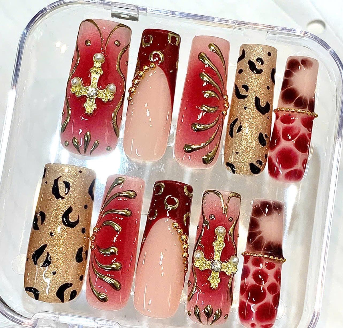 Red Gold Gothic Press-On Nails, Cross Charm Leopard Print Set (10 Pcs)