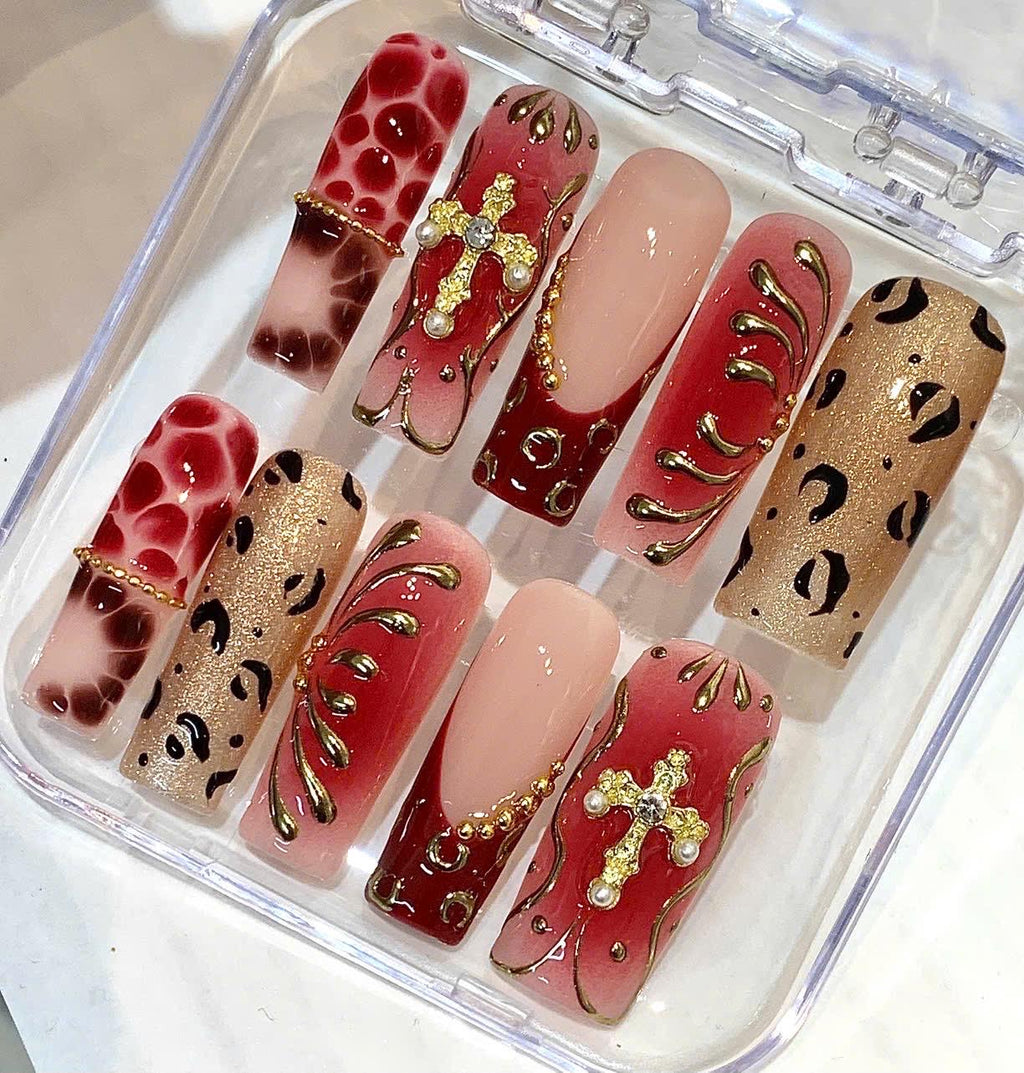 Red Gold Gothic Press-On Nails, Cross Charm Leopard Print Set (10 Pcs)