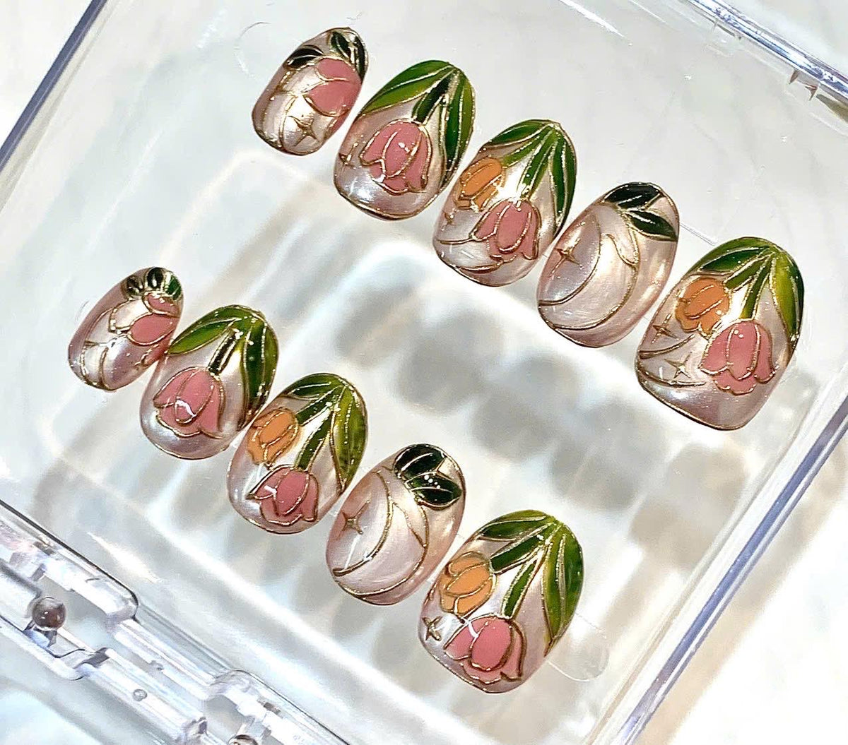 Handmade Tulip Press On Nails, Pink Floral Moon Star Art, Stained Glass Spring Garden
