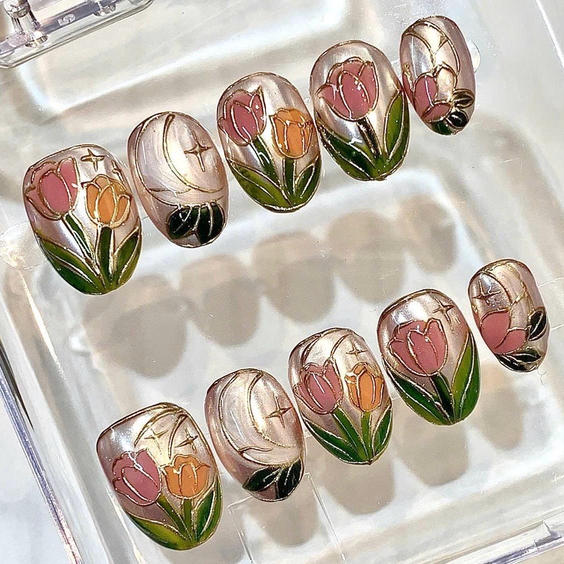 Handmade Tulip Press On Nails, Pink Floral Moon Star Art, Stained Glass Spring Garden