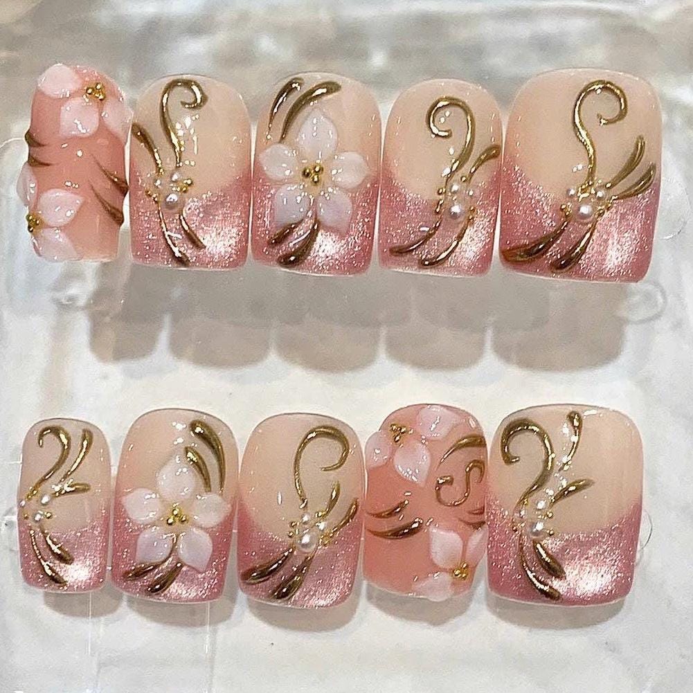Pink Floral 3D Pearl French Tip Nails, Elegant Square Press-On Set