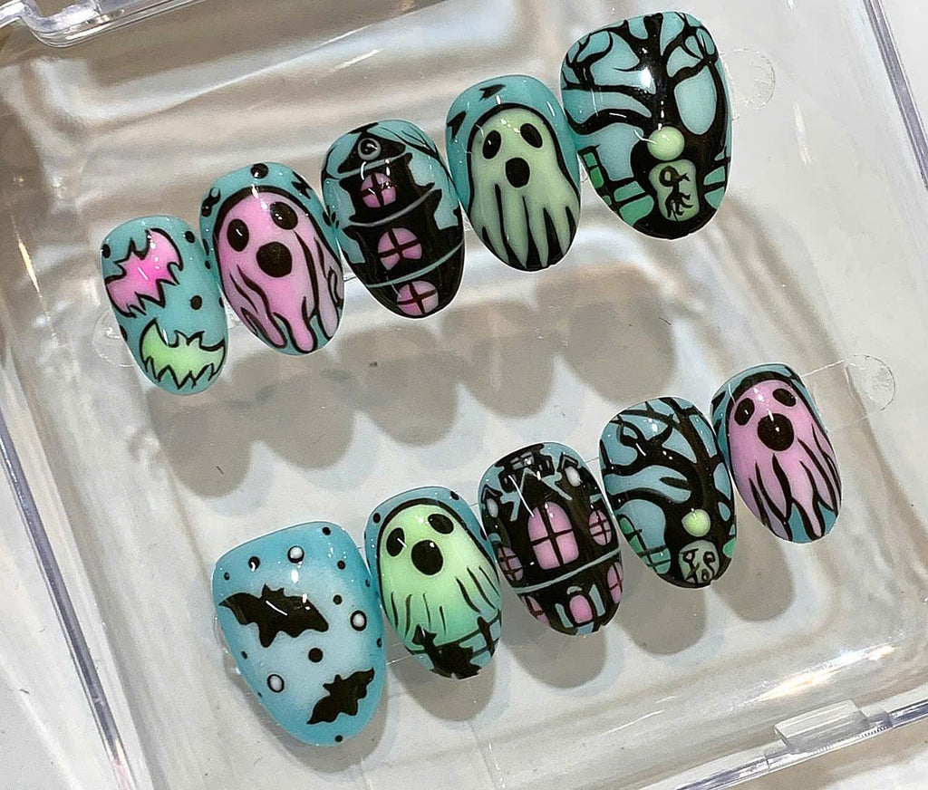 Halloween Ghost Press On Nails – Haunted House & Bat Nail Art – Spooky Handmade False Nails