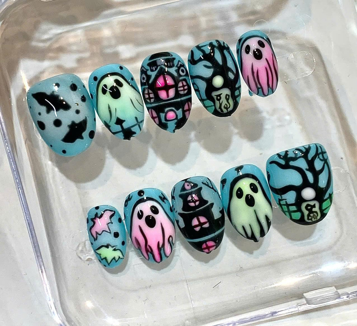 Halloween Ghost Press On Nails – Haunted House & Bat Nail Art – Spooky Handmade False Nails
