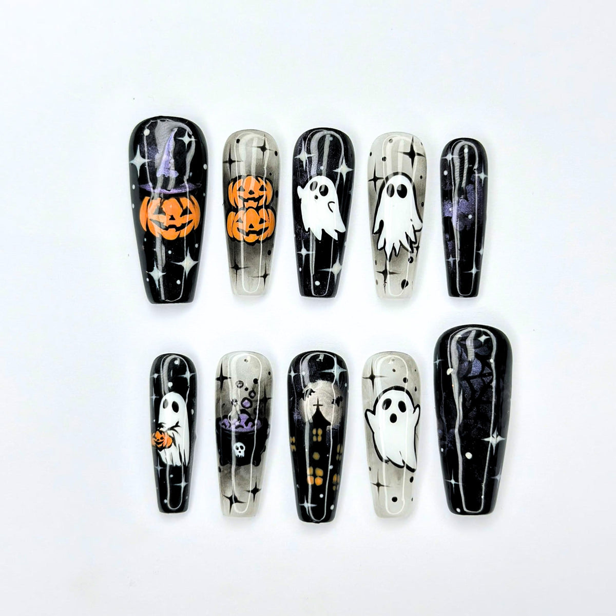 Halloween Press On Nails with Ghost & Pumpkin Design | Spooky Black White Fake Nails | Handmade Nail Art for Halloween Party | JB481UG